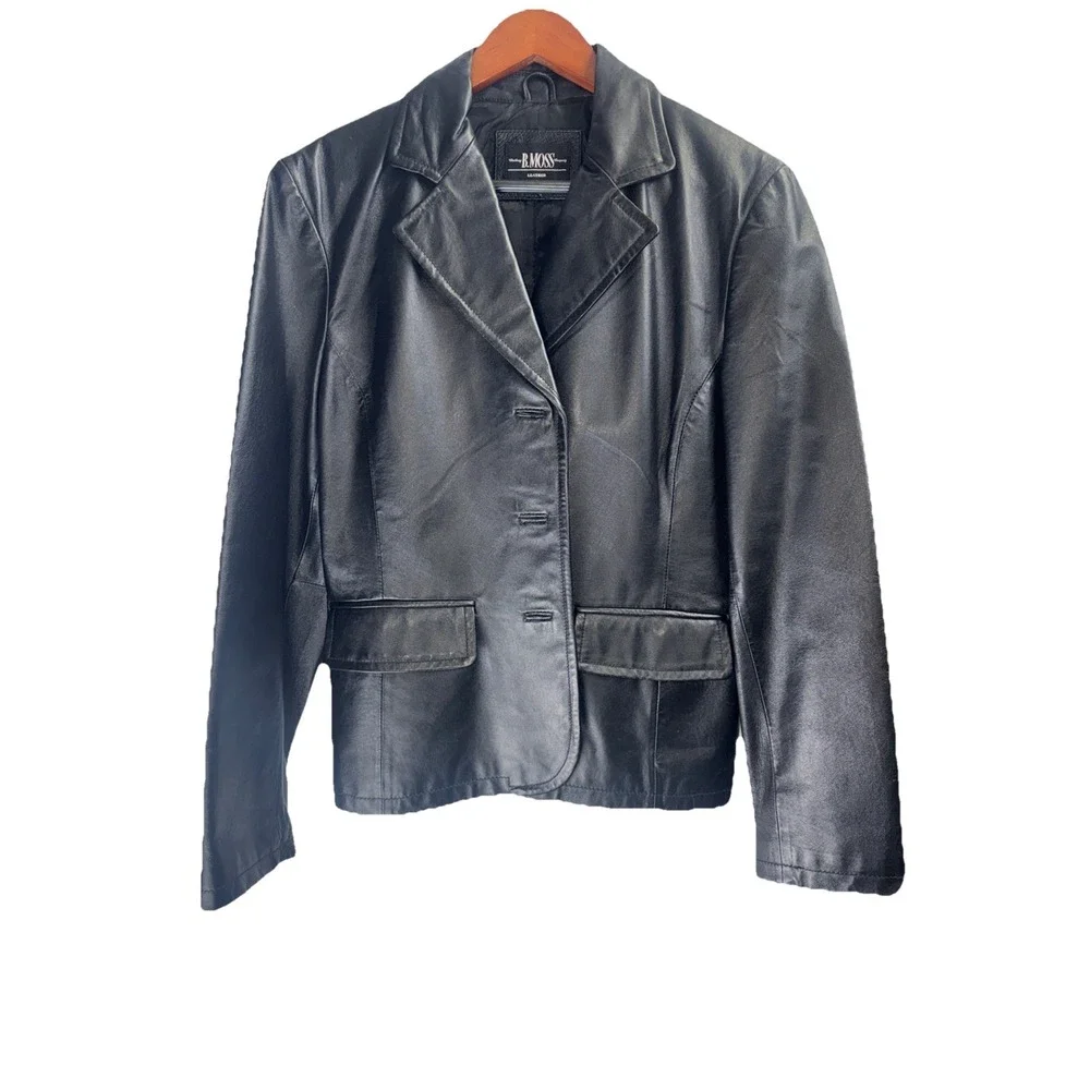 B. Moss - Black Leather Jacket Quilted Lining - Women's Large Button Front 😊‎